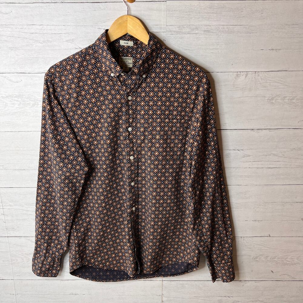 J Crew Shirt Mens SZ Medium Blue & Gold Geometric Floral Organic Cotton Stretch - Picture 3 of 16